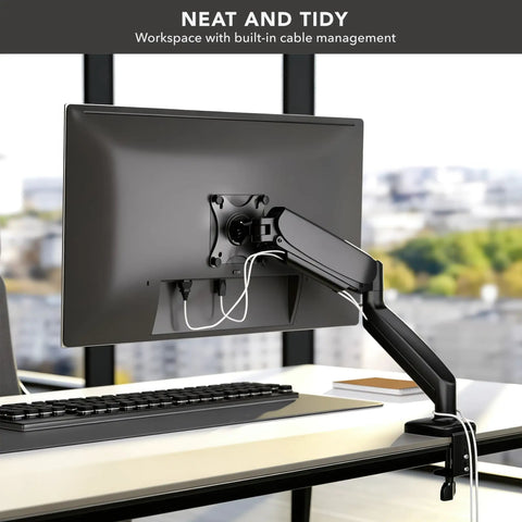 Single Monitor Arm Desk Mount With Super Smooth Tilt And Swivel Fits 13 To 32 Inch Screens handles cables neatly for a tidy workspace.