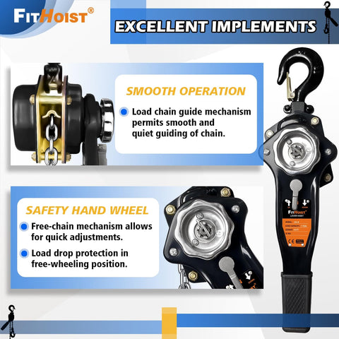 1 Ton Chain Hoist With 10 Foot Lift Manual Lever Chain Hoist G80 Chain Manganese Steel Heavy Duty Hooks details shown