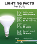 Ultra Bright BR40 LED Flood Light Bulb 16W 1400 Lumens 2700K details with energy facts and lifespan