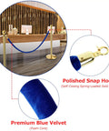 Four Pack Blue Velvet Stanchion Ropes 5 Feet Long With Gold Clasps Ideal For Crowd Control, featuring polished snap hooks and velvet texture.