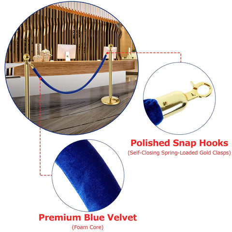 Four Pack Blue Velvet Stanchion Ropes 5 Feet Long With Gold Clasps Ideal For Crowd Control, featuring polished snap hooks and velvet texture.
