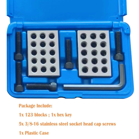 Two 1x2x3 inch gauge blocks with 23 holes, screws and hex key in blue plastic case