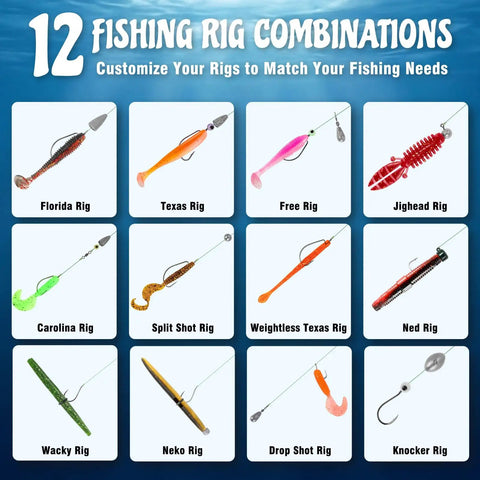 12 fishing rig combinations from Beast All In One Bass Lures Tackle Kit With 211 Pieces Pre Rigged Jig Heads Soft Baits Hooks Weights