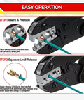 Ratcheting Wire Crimping Tool Set With Six Jaws For Heat Shrink Ferrule Ends Insulated Nylon And Non Insulated Terminals Open Barrel Terminals Solar Connectors Pro Grade Crimper Kit in use
