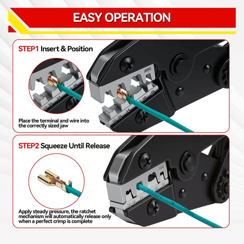 Ratcheting Wire Crimping Tool Set With Six Jaws For Heat Shrink Ferrule Ends Insulated Nylon And Non Insulated Terminals Open Barrel Terminals Solar Connectors Pro Grade Crimper Kit in use