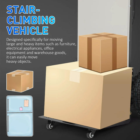 Motorized Electric Stair Climbing Dolly With 1200 Watt Power And 880 Pound Load Capacity, moving heavy boxes easily.