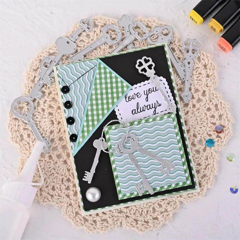 Scrapbook page using 9 Piece Vintage Keys Metal Cutting Dies Set For Scrapbooking And Card Making with decorative key cutouts and card designs