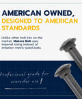 American owned carriage bolt kit with 12 bolts, 12 washers, and 12 nuts, ceramic black Ruspert coating for exterior use, text detail