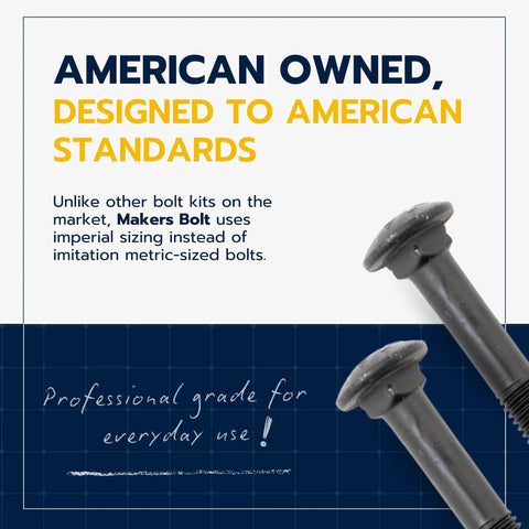 American owned carriage bolt kit with 12 bolts, 12 washers, and 12 nuts, ceramic black Ruspert coating for exterior use, text detail