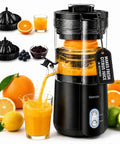 Keerain Automatic Electric Citrus Juicer With Dual Cones pouring fresh juice into a glass, surrounded by various fruits and cones.