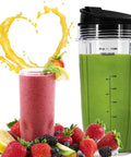 24 Ounce Cups With ToGo Lids For Nutri Ninja Auto IQ Series Blenders Replacement Blade With 7 Fin Extractor shown with smoothies