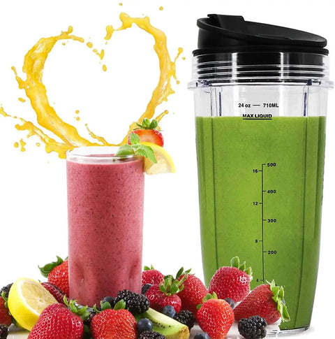 24 Ounce Cups With ToGo Lids For Nutri Ninja Auto IQ Series Blenders Replacement Blade With 7 Fin Extractor shown with smoothies