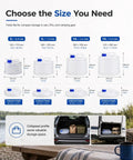 Sizes and storage options for Grab And Go Collapsible Water Container With Spigot For Camping And RV Trips.