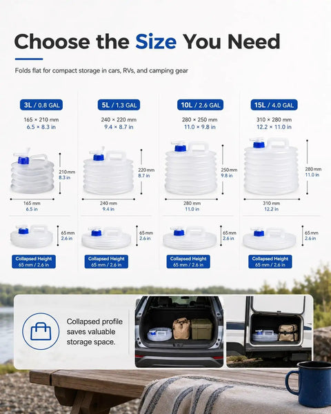 Sizes and storage options for Grab And Go Collapsible Water Container With Spigot For Camping And RV Trips.