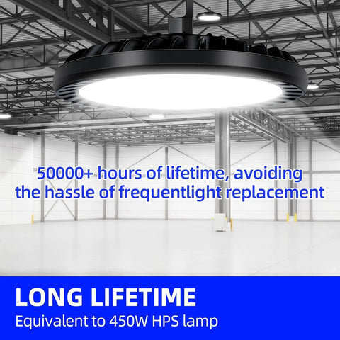 Two Pack 150W LED High Bay Light 5000K UFO Fixture With US Plug 100-277V illuminating warehouse interior, replaces 450W HPS