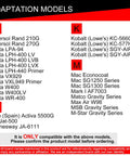 Spray gun adapter compatibility chart listing models (Ingersol Rand, Iwata, Mac, Jafe) under red category labels.