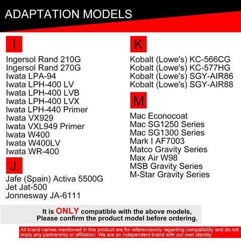 Spray gun adapter compatibility chart listing models (Ingersol Rand, Iwata, Mac, Jafe) under red category labels.