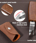 Close-up of Heavy Duty Wood Carving Hook Knife With Knockout Stainless Steel Edge and No Nonsense Grip with leather sheath.