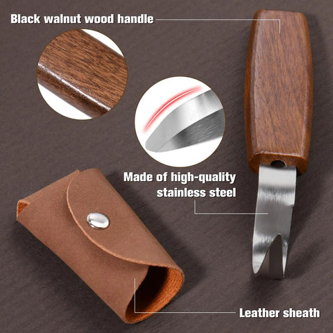Close-up of Heavy Duty Wood Carving Hook Knife With Knockout Stainless Steel Edge and No Nonsense Grip with leather sheath.