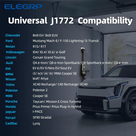 Electric car and display of universal J1772 compatibility list for multiple brands.