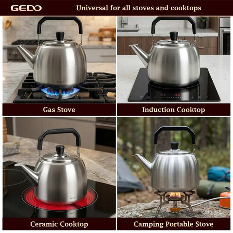 Stainless Steel Whistling Tea Kettle For Gas And Induction Stovetops, 304 Food Grade, Large 4L Capacity on various cooktops