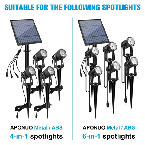 Product setup with 4-in-1 and 6-in-1 solar spotlights using 16.4Ft DC Extension Cable For Solar Spotlight, Waterproof IP65 Cord