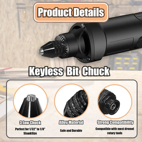 Fifteen Piece Drill Chuck Collet Set For Rotary Tool With Ten Brass Collets From One Thirty Second To One Eighth Inch Keyless Quick Change Chuck Nuts And Wrenches Replacement Accessory Kit For 3000 4000 7700 Series with keyless bit chuck details