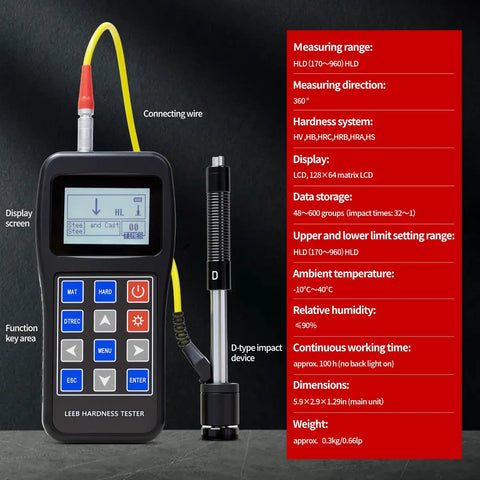 Portable Metal Hardness Tester With 170 To 960 HLD Range, showing digital screen and probe, used for quality control on metals.