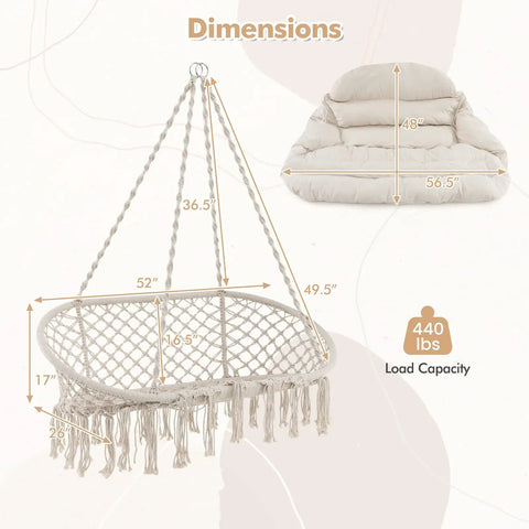 Dimensions and design of the Two Person Hanging Hammock Chair With Thick Cushions And Boho Macrame Swing For Indoor Outdoor Use showing metal frame, macrame, and cushion size.