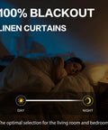 Woman sleeping under 100 Percent Blackout Linen Curtains in Greyish Beige, showing day to night light control.