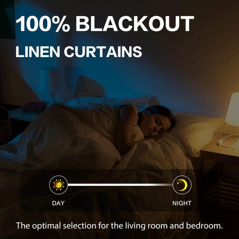 Woman sleeping under 100 Percent Blackout Linen Curtains in Greyish Beige, showing day to night light control.