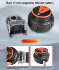 No Fuss 2 In 1 Drill Dust Collector With Slick 360 Swivel Level Attachment Heavy Duty Gear showing built-in rechargeable battery and charging diagram.