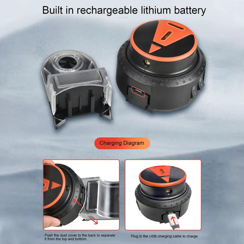 No Fuss 2 In 1 Drill Dust Collector With Slick 360 Swivel Level Attachment Heavy Duty Gear showing built-in rechargeable battery and charging diagram.