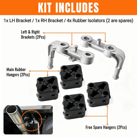 Heavy Duty 6 Piece Exhaust Bracket Muffler Support Kit With Rubber Isolator Hangers For Dodge Ram 1500 2019-2025 Replace OEM Parts Direct Fit Rear Left Right Suspension Repair, kit contents shown