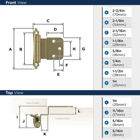 Killer Construction Self Closing Face Mount Hinges 3/8 Inch Inset Cabinet Door Hardware Smooth Operator Design dimensions illustration.