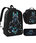 Three 17 Inch Daypacks For Outdoor Camping Hiking And Travel 3 Pack Set with futuristic design on black fabric