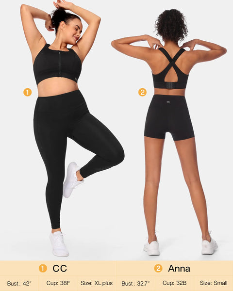 Front and back view of Zip Front Adjustable High Impact Sports Bra For Women With Large Breasts Full Coverage For Workout, X Large, Black