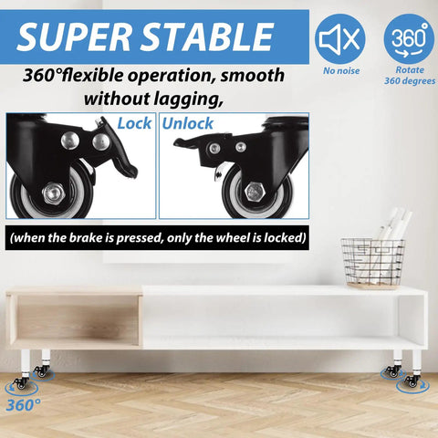 Set Of 4 Metal Adjustable Furniture Legs With Wheels Casters White Height 7.3-10.2 Inches Heavy Duty 440Lbs Capacity Includes 16 Screws Brakes For Tables Cabinets Sofas Beds
