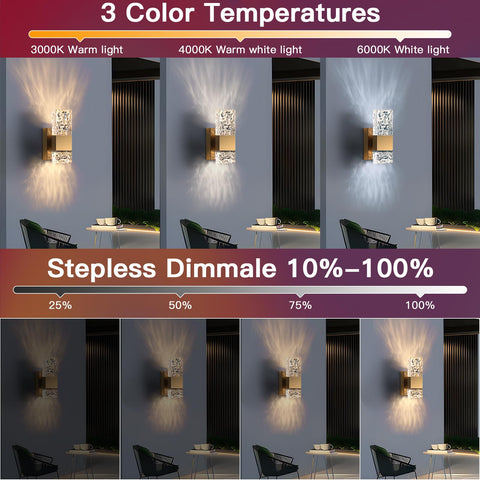 Gold Crystal LED Wall Sconce With Dimmable 3000K To 6000K Color Temperature showing color temp and dimmable options