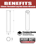 Diagram of Aluminum 33mm Lug Nut Cover Removal Tool Socket For Semi Truck Trailer, 11 Inch Length, hex shape, premium aluminum.