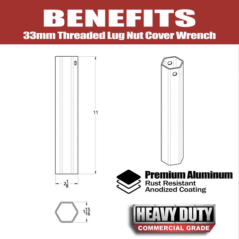 Diagram of Aluminum 33mm Lug Nut Cover Removal Tool Socket For Semi Truck Trailer, 11 Inch Length, hex shape, premium aluminum.