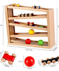 Wooden Race Track Ramp Toy For Toddlers 5 Level Car Ramp Set with 4 wood cars and 3 balls, product dimensions shown.