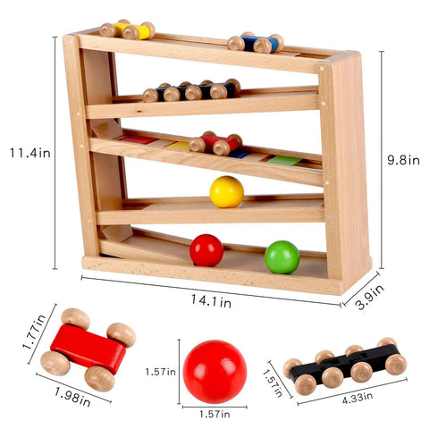 Wooden Race Track Ramp Toy For Toddlers 5 Level Car Ramp Set with 4 wood cars and 3 balls, product dimensions shown.