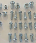 Beefed Up 70 Piece Bolt Kit For CR CRF Dirt Bike Body Plastics Seat Fenders Shrouds with zinc plated fasteners displayed.