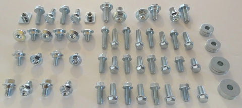 Beefed Up 70 Piece Bolt Kit For CR CRF Dirt Bike Body Plastics Seat Fenders Shrouds with zinc plated fasteners displayed.