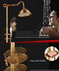 UBNMIUBV Shower System features 8" rain shower head, antique brass finish, dual handles and built-in soap dish holder.
