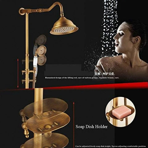 UBNMIUBV Shower System features 8" rain shower head, antique brass finish, dual handles and built-in soap dish holder.