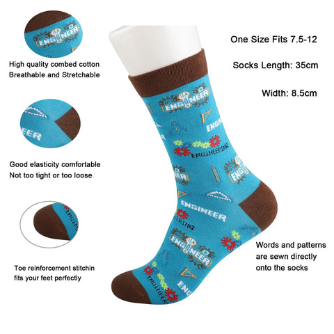 Two Pair Mechanical Engineer Socks For Men And Women Nerdy Fun Engineering Student Gift Comfortable Cotton Blend Durable Breathable Socks One Size Fits Most 7.5 To 12 35cm, featuring blue sock with brown heel and engineering icons