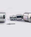 Two Piece Swivel Air Plug One Quarter Inch NPT Male Thread Steel Quick Connect Air Tool Coupler Plug Corrosion Resistant With Pre Applied Sealant To Reduce Hose Twist And Wrist Strain Industrial Grade, shown with hose connector