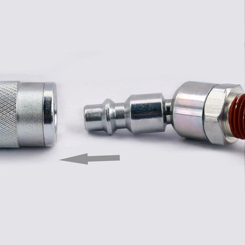 Two Piece Swivel Air Plug One Quarter Inch NPT Male Thread Steel Quick Connect Air Tool Coupler Plug Corrosion Resistant With Pre Applied Sealant To Reduce Hose Twist And Wrist Strain Industrial Grade, shown with hose connector
